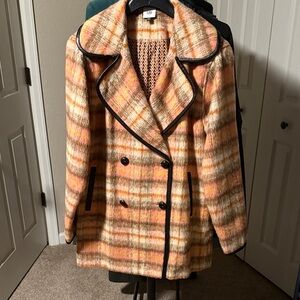 CAbi Plaid Double-Breasted Pea Coat in Pink and Cream